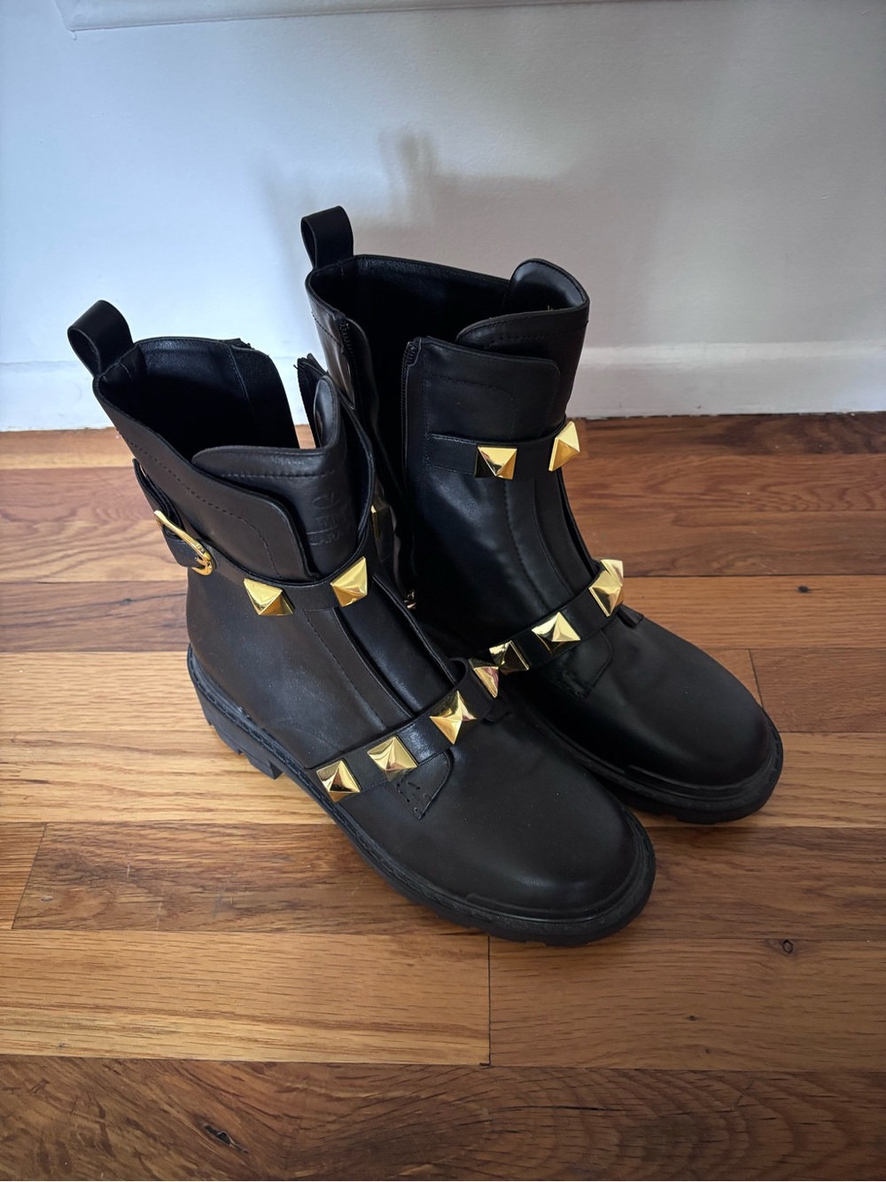 Valentino Black Leather Studded Chelsea Boots - Gold Pyramid Accents